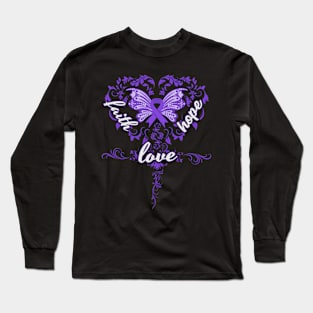 Testicular Cancer Awareness Faith Hope Love Butterfly Ribbon, In This Family No One Fights Alone Long Sleeve T-Shirt